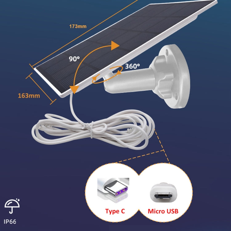 Supporto per pannello solare per fotocamera da esterno in silicio monocristallino da 5 W. Interfaccia USB e tipo C/USB-C