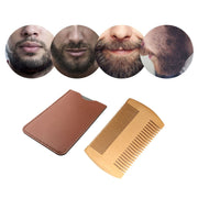TW-BC90 Pettine in legno per barba Pettine a doppia faccia a forma di barba con custodia in pelle PU, Wooden