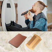TW-BC90 Pettine in legno per barba Pettine a doppia faccia a forma di barba con custodia in pelle PU, Wooden