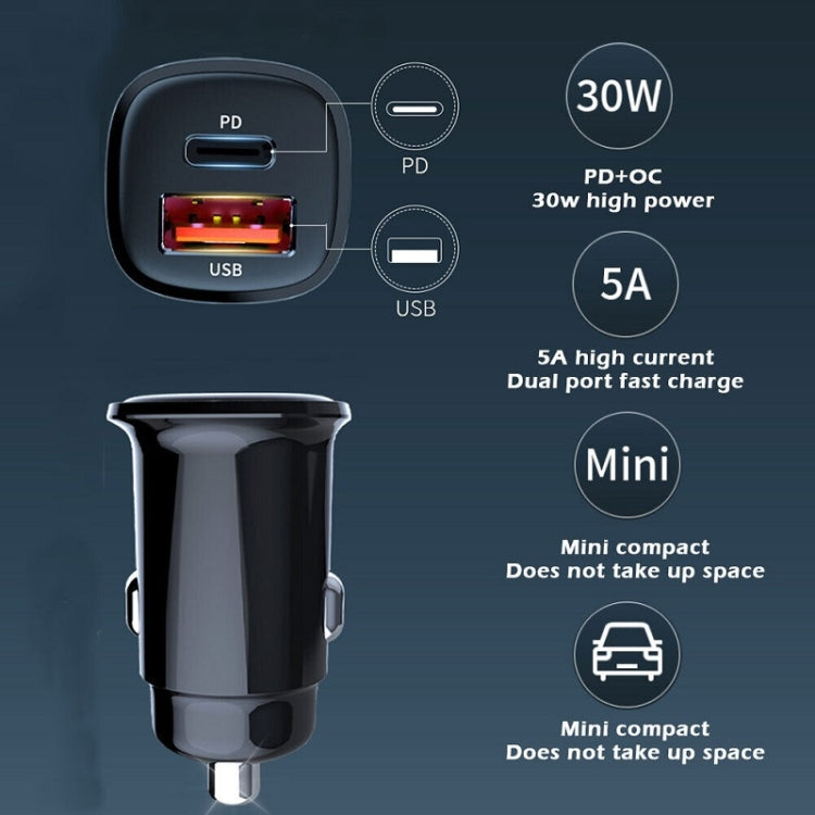 Caricabatteria da auto a ricarica super rapida USB a doppia porta PD 30W, 30W Black