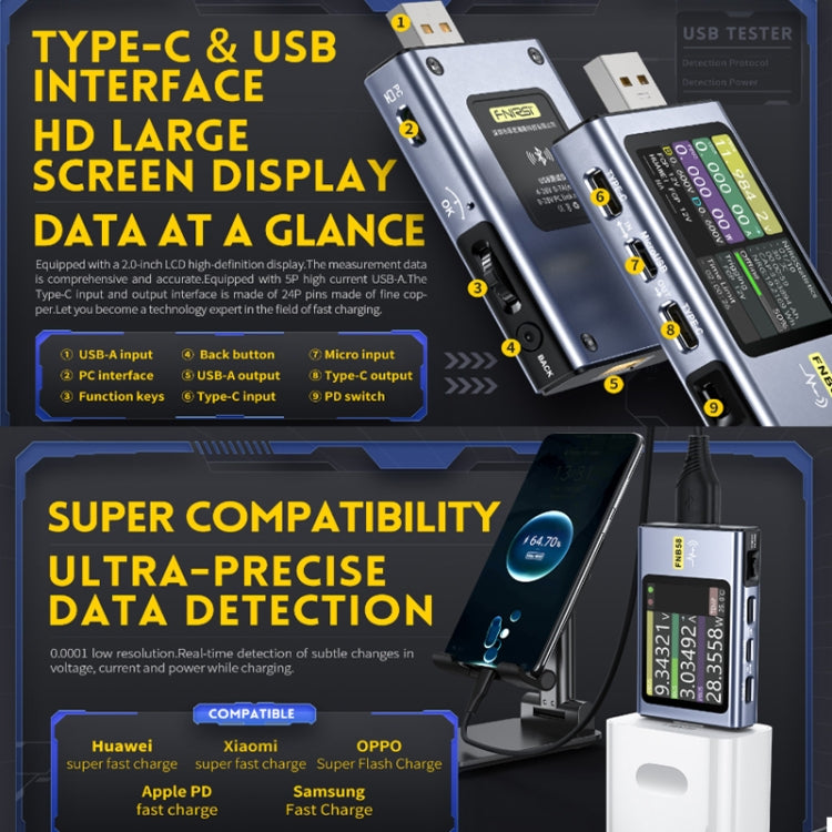 Amperometro USB Tipo-C FNIRSI FNB58 Tester Alimentazione