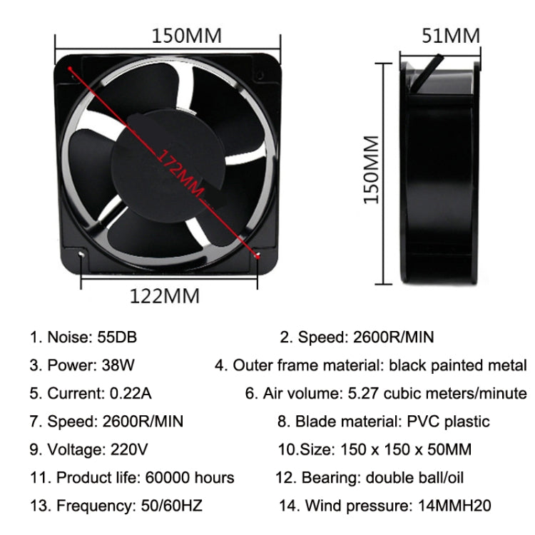 220V 38W 15cm Roller Chassis Quadro elettrico Albero, Oil Bearing Fan, Double Rolling Ball Bearing Fan