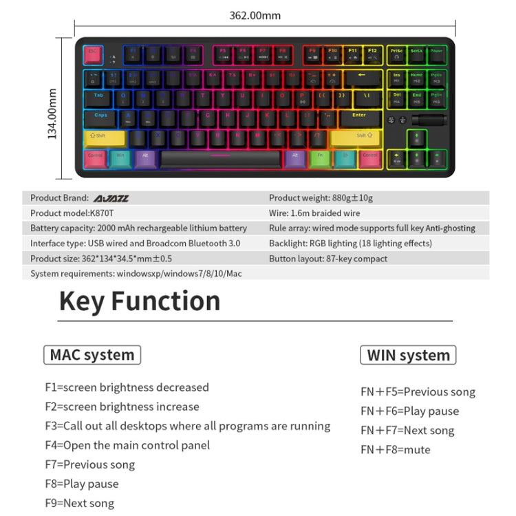 Ajazz K870T 87-Key Hot Swap Bluetooth/Wired Dual Mode Retroilluminazione RGB Office Game Tastiera Meccanica, Hot Swap Tea Shaft (Black), Hot Swap Red Shaft (White), Hot Swap Red Shaft (Black), Hot Swap Green Shaft (Black), Hot Swap Green Shaft (White) ...