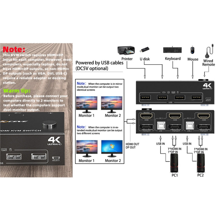 202DH DP HDMI Dual Channel KVM Switch Computer Host Interfaccia DP Tastiera Mouse Condivisione Display, 202DH