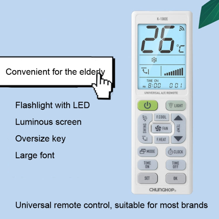 CHUNGHOP K-1302E Telecomando universale per condizionatore d'aria con batteria a schermo grande per luce notturna