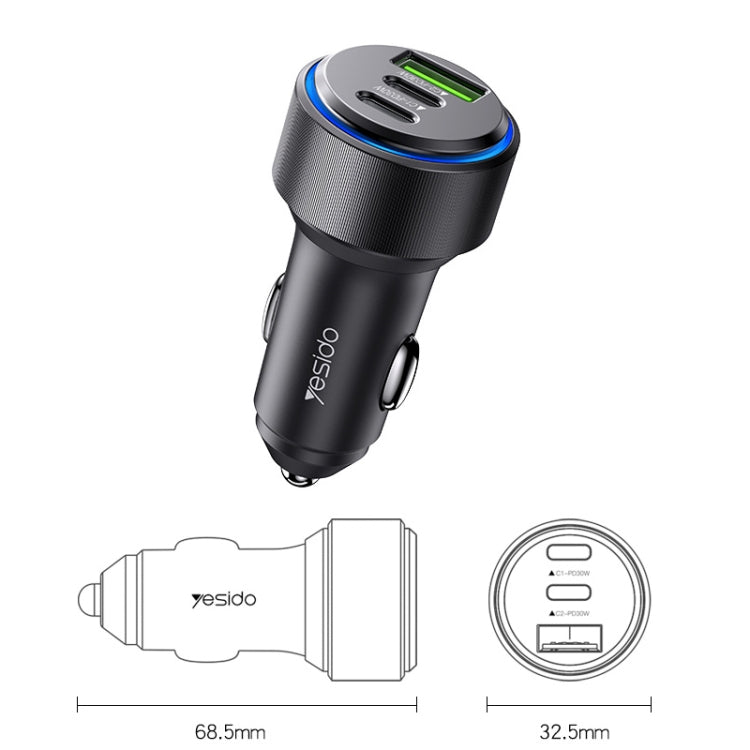 Caricabatterie rapido USB 3.0 per auto Yesido Y50 Ricarica rapida PD in lega di alluminio da 30 W, Y50