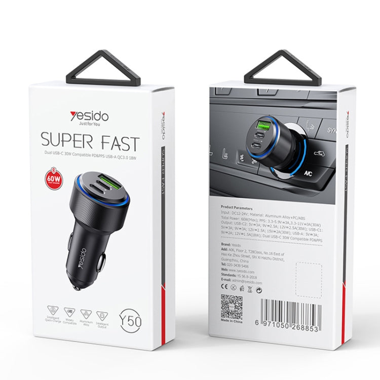 Caricabatterie rapido USB 3.0 per auto Yesido Y50 Ricarica rapida PD in lega di alluminio da 30 W, Y50