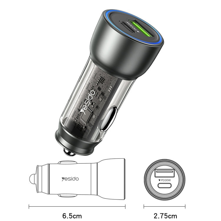 Caricabatterie rapido USB 3.0 per auto Yesido Y49 Ricarica rapida PD traslucida da 30 W, Y49