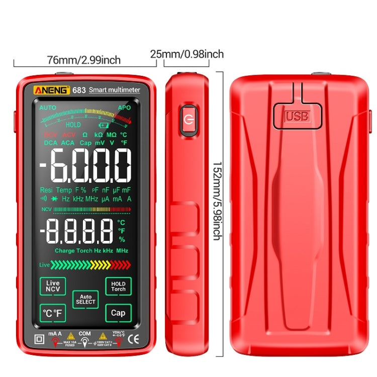 ANENG 683 Multimetro ricaricabile con gamma automatica Smart Touch Screen, 683 Red, 683 Black