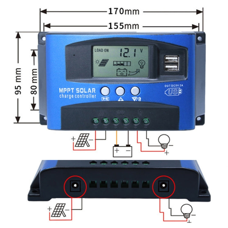 Regolatore di carica solare YCX-003 30-100A con schermo LED e caricatore Smart MPPT a doppia porta USB, 12/24V 30A, 12/24V 40A, 12/24V 50A, 12/24V 60A, 12/24V 100A, 12/24/36/48/60V 40A, 12/24/36/48/60V 100A, 12/24/36/48/60V Wifi 40A