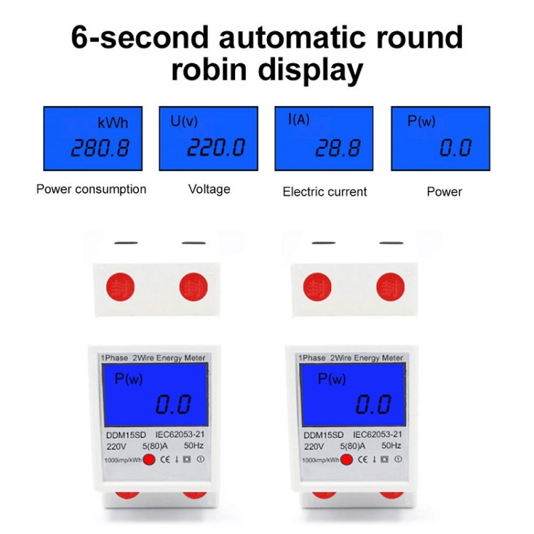 DDM15SD Metro ferroviario multifunzione monofase con display LCD retroilluminato, 5 (20) A, 5 (32) A, 10 (40) A, 15 (60) A, 20 (80) A, 5 (80) A