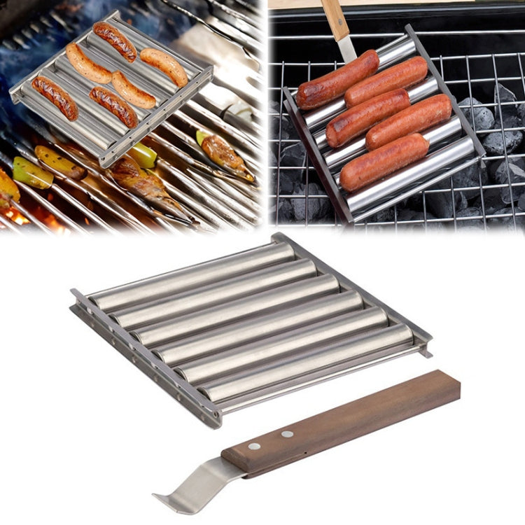 Griglia per salsicce per hot dog in acciaio inox con manico in legno per barbecue, utensili da cucina, Hot Dog Sausage Grill