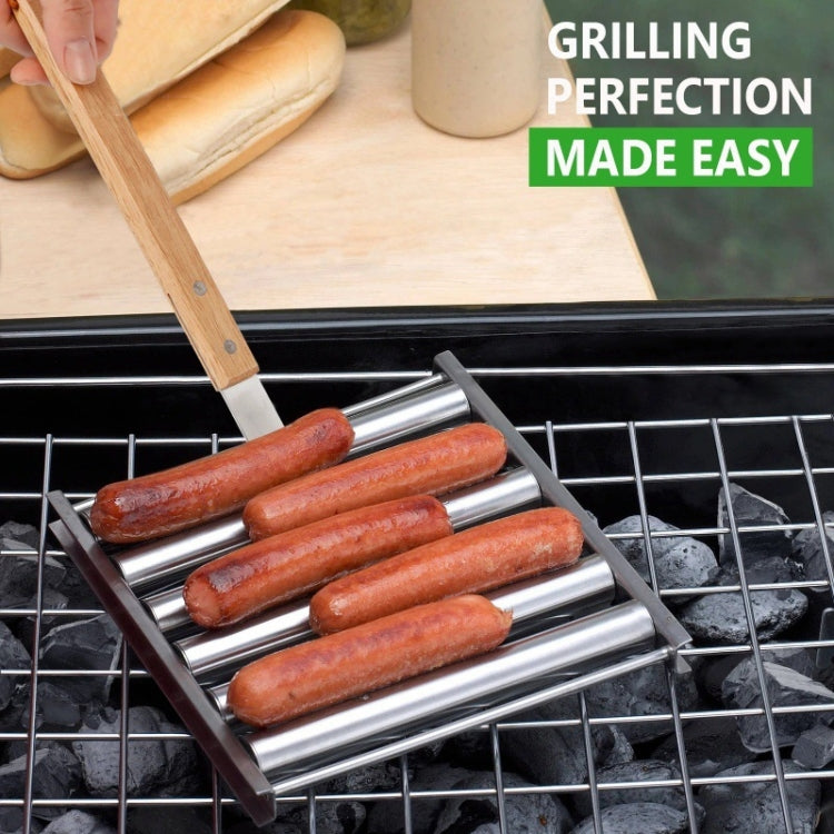 Griglia per salsicce per hot dog in acciaio inox con manico in legno per barbecue, utensili da cucina, Hot Dog Sausage Grill