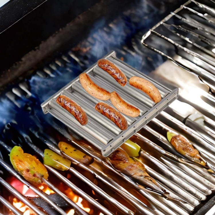 Griglia per salsicce per hot dog in acciaio inox con manico in legno per barbecue, utensili da cucina, Hot Dog Sausage Grill