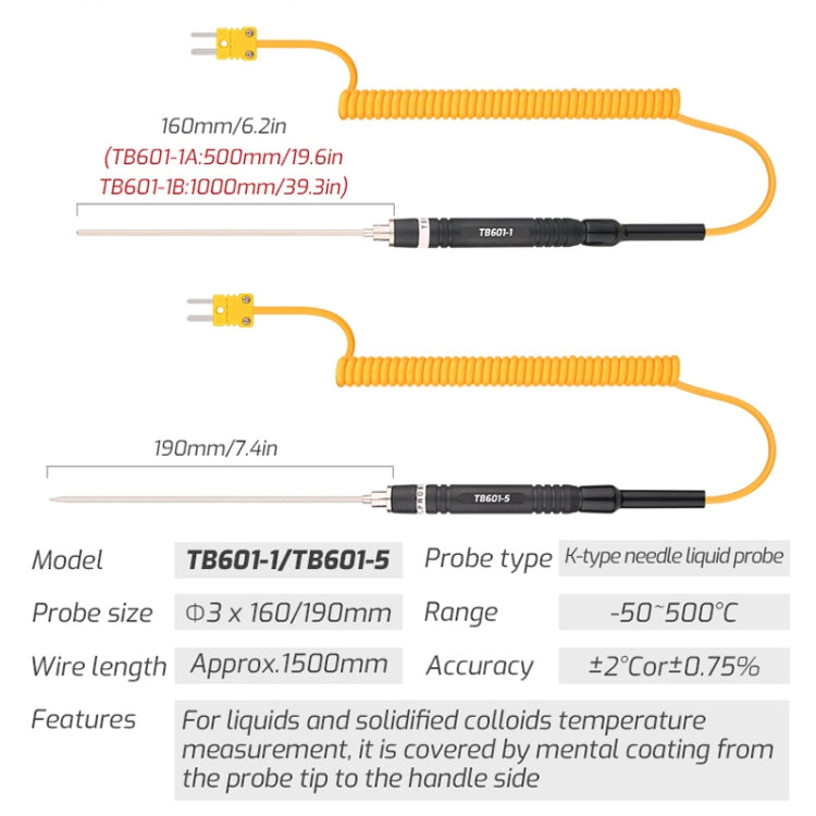 Uso della sonda di tipo K con termometro, TASI TB601-1 Liquid Probe, TASI TB601-2 Surface Probe, TASI TB601-3 Surface Thermocouple, TASI TB601-4 Elbow Surface Thermocouple, TASI TB601-5 Pointed Needle Liquid Probe