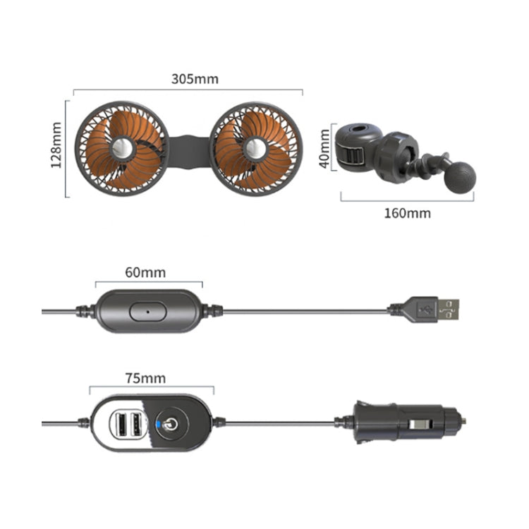 F6207 Ventilatore a doppia testa con chiusura lampo per sedile posteriore dell'auto, USB, Cigarette Lighter with USB