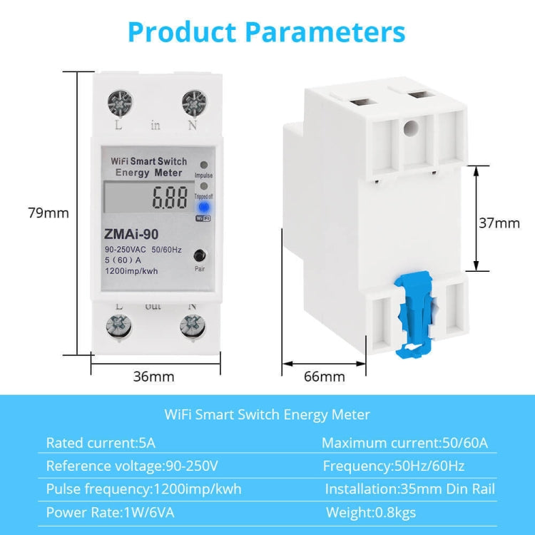 ZMAi-90 Wifi Smart Switch Energy Meter Support Tuya Smart Life APP Lavora con Alexa Google, ZMAi-90