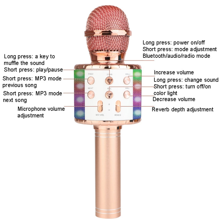 WS-858L Il microfono a capacità wireless lampeggiante a LED è dotato di microfono Bluetoon Live per telefono cellulare audio, WS-858L (Pink), WS-858L (Gold), WS-858L (Blue), WS-858L (Black), WS-858L (Rose Gold)