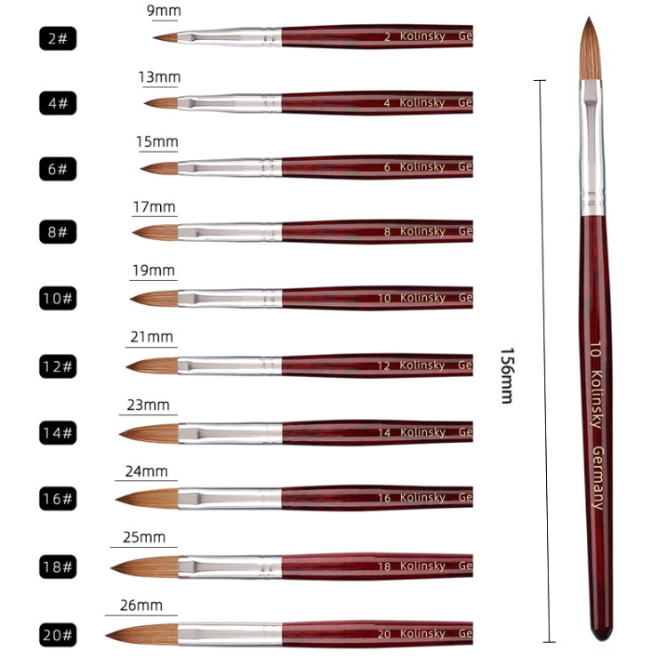 Pennello per nail art con manico in legno rosso Kolinsky, No. 2, No. 4, No. 6, No. 8, No. 10, No. 12, No. 14, No. 16, No. 18, No. 20