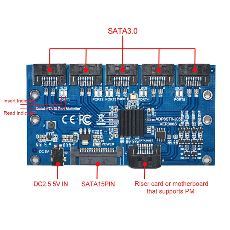 Scheda di espansione SATA Scheda riser da 1 a 5 porte, SATA3.0 6Gbps JMB575 Chip, SATA2.0 3Gbps JMB321 Chip