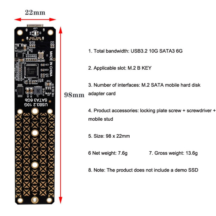NGFF M.2 Bkey SATA Hard Disk SSD a scheda di conversione scheda di espansione USB3.1 Type-C / USB-C, SSD To USB3.1