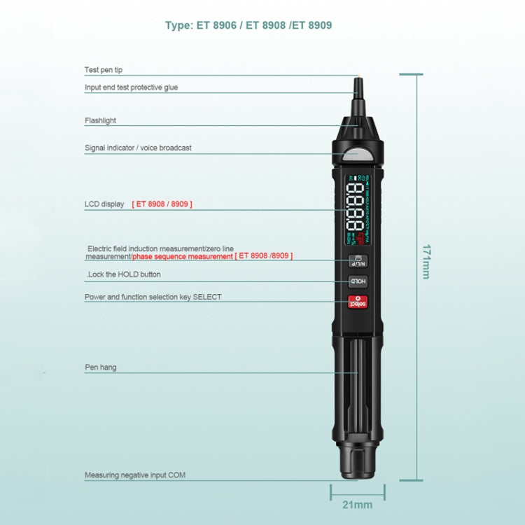 Multimetro digitale Test di tensione Penna Misuratore di capacità Diodo NVC Tester, WinAPEX  ET8906, WinAPEX  ET8908, WinAPEX  ET8909