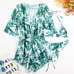 Bikini a tre pezzi con lacci in vita con stampa a foglie Costume da bagno a maniche lunghe con protezione solare da spiaggia, S, M, L, XL