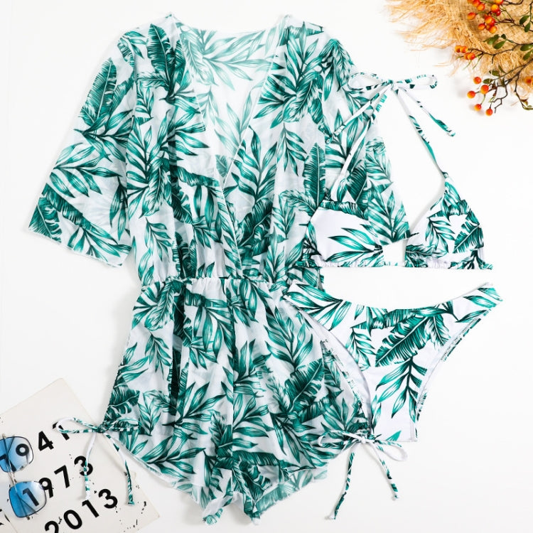 Bikini a tre pezzi con lacci in vita con stampa a foglie Costume da bagno a maniche lunghe con protezione solare da spiaggia, S, M, L, XL