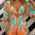 Bikini a tre pezzi con lacci in vita con stampa a foglie Costume da bagno a maniche lunghe con protezione solare da spiaggia, S, M, L, XL