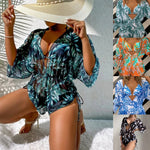 Bikini a tre pezzi con lacci in vita con stampa a foglie Costume da bagno a maniche lunghe con protezione solare da spiaggia, S, M, L, XL