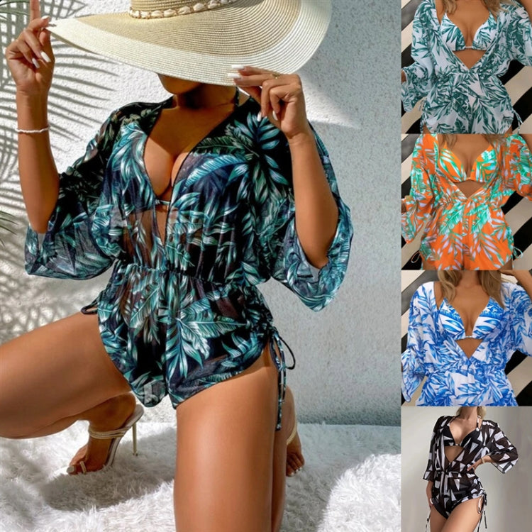 Bikini a tre pezzi con lacci in vita con stampa a foglie Costume da bagno a maniche lunghe con protezione solare da spiaggia, S, M, L, XL