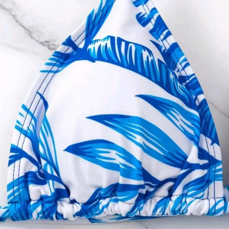 Bikini a tre pezzi con lacci in vita con stampa a foglie Costume da bagno a maniche lunghe con protezione solare da spiaggia, S, M, L, XL