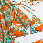 Bikini a tre pezzi con lacci in vita con stampa a foglie Costume da bagno a maniche lunghe con protezione solare da spiaggia, S, M, L, XL