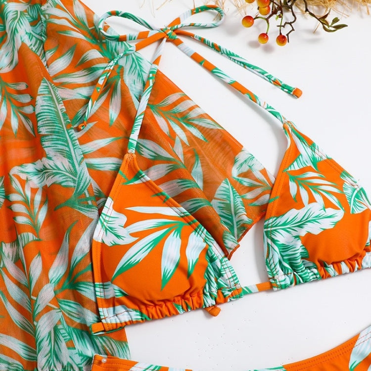 Bikini a tre pezzi con lacci in vita con stampa a foglie Costume da bagno a maniche lunghe con protezione solare da spiaggia, S, M, L, XL
