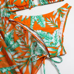 Bikini a tre pezzi con lacci in vita con stampa a foglie Costume da bagno a maniche lunghe con protezione solare da spiaggia, S, M, L, XL