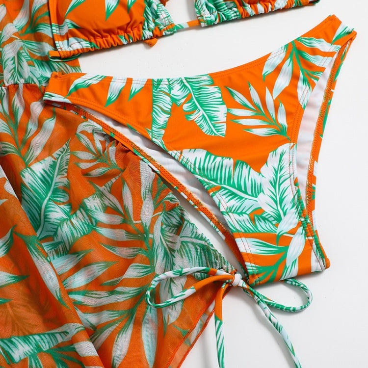 Bikini a tre pezzi con lacci in vita con stampa a foglie Costume da bagno a maniche lunghe con protezione solare da spiaggia, S, M, L, XL