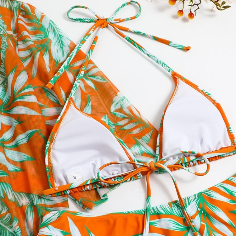 Bikini a tre pezzi con lacci in vita con stampa a foglie Costume da bagno a maniche lunghe con protezione solare da spiaggia, S, M, L, XL