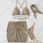 Costume da bagno a tre pezzi in rete da donna con stampa a increspatura dell'acqua Bikini sexy con lacci e velo, S, M, L