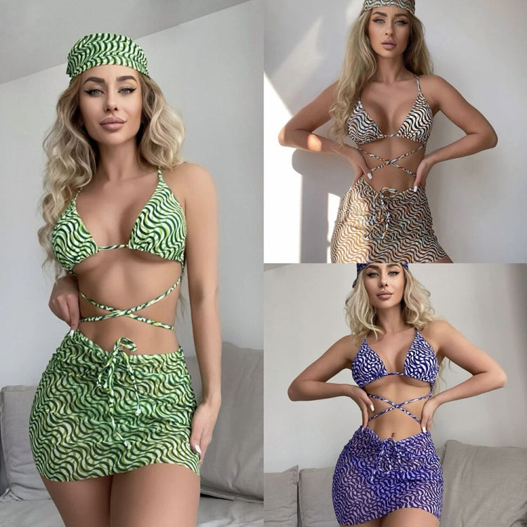 Costume da bagno a tre pezzi in rete da donna con stampa a increspatura dell'acqua Bikini sexy con lacci e velo, S, M, L