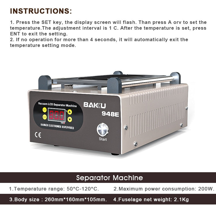 BAKU BA-948E Mobile Phone Liquid Crystal Separating Machine Flatbed Display Separator Heating Board, BA-948E 110V, BA-948E 220V