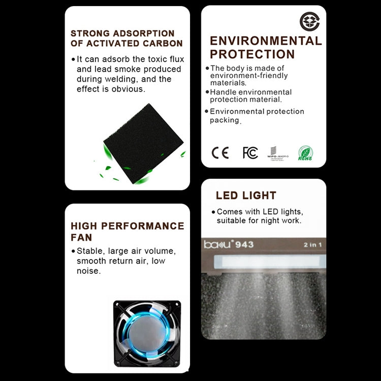 Baku BA-943 Purificatore di fumi di saldatura con luce LED 30W Aspiratore di fumi di saldatura per saldatore