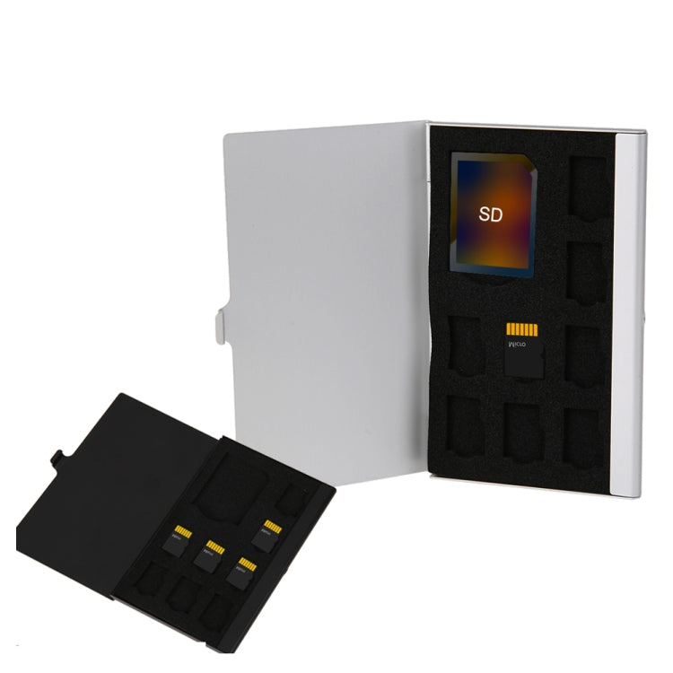 1SD + 8TF Alluminio Micro SD Card Holder Pin Storage Box 9 solts per scheda di memoria SD / SIM / TF, Black, Silver