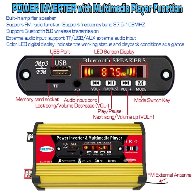 Inverter SOLIKE TECH 300W con lettore multimediale Bluetooth MP3/FM, 12V to 110V, 12V to 220V