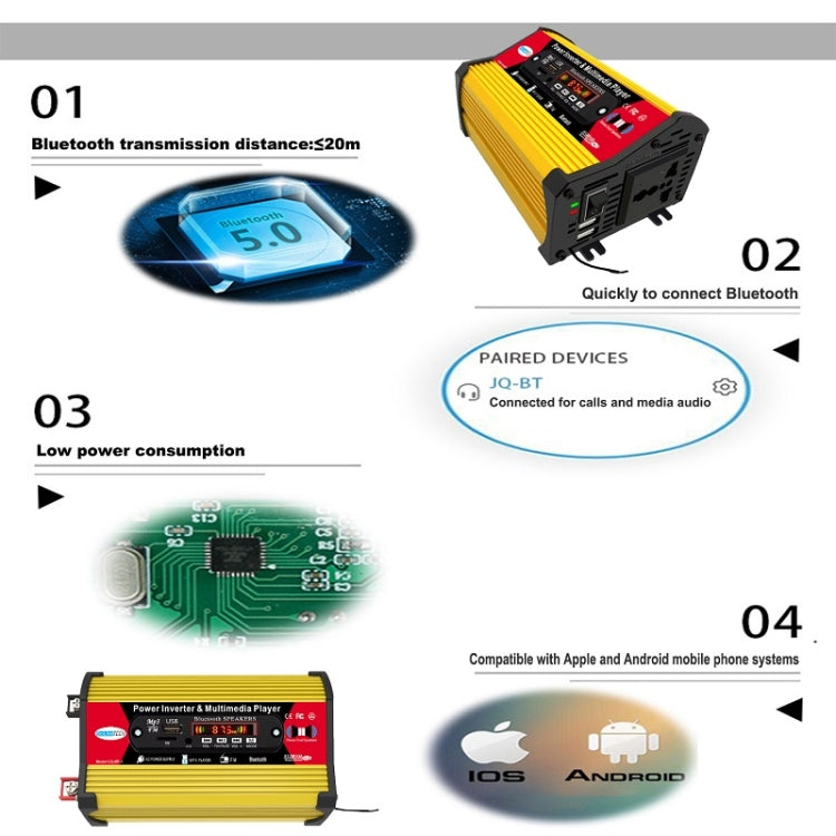Inverter SOLIKE TECH 300W con lettore multimediale Bluetooth MP3/FM, 12V to 110V, 12V to 220V