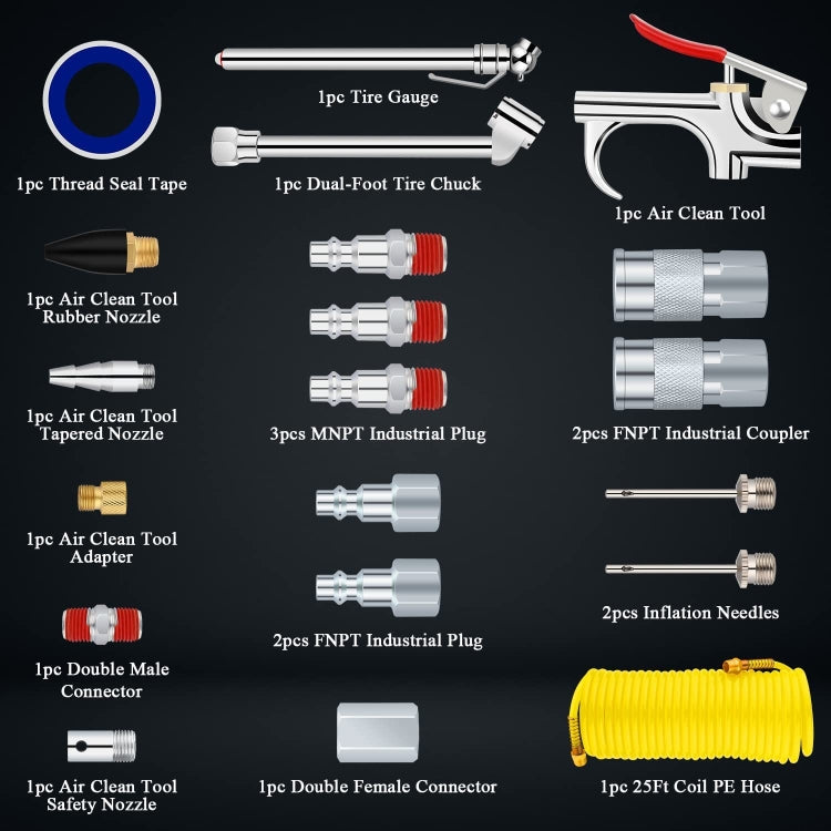 Kit compressore d'aria 20 in 1 Kit utensili pneumatici NPT da 1/4 di pollice con tubo flessibile in nylon a spirale da 7,5 m