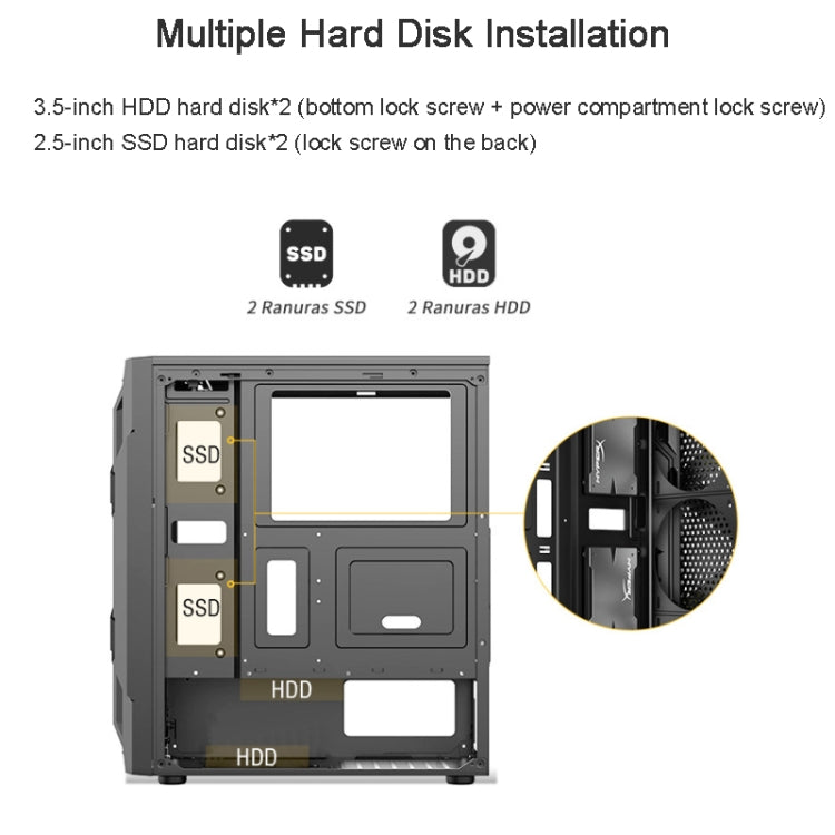 Custodia per computer ATX trasparente laterale in acrilico con posizione a 6 ventole e interfaccia USB 3.0, Black, White