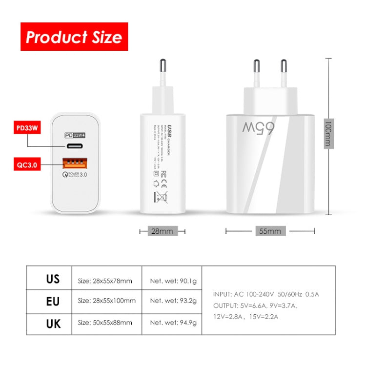 Caricabatterie GaN USB-C/Type-C+USB a doppia porta da 65 W Caricabatterie universale per laptop QC3.0, EU Plug Black, EU Plug White, US Plug Black, US Plug White, UK Plug Black, UK Plug White