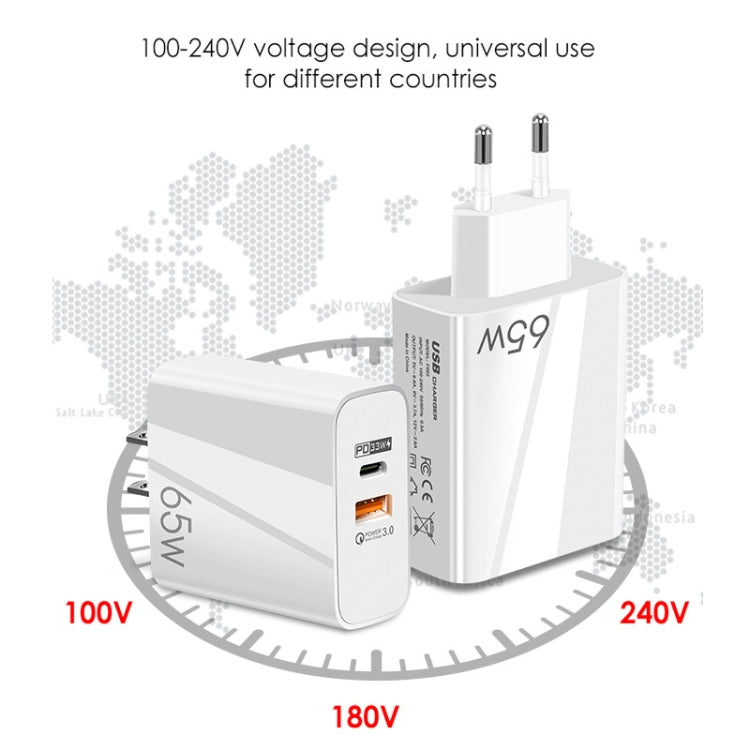 Caricabatterie GaN USB-C/Type-C+USB a doppia porta da 65 W Caricabatterie universale per laptop QC3.0, EU Plug Black, EU Plug White, US Plug Black, US Plug White, UK Plug Black, UK Plug White