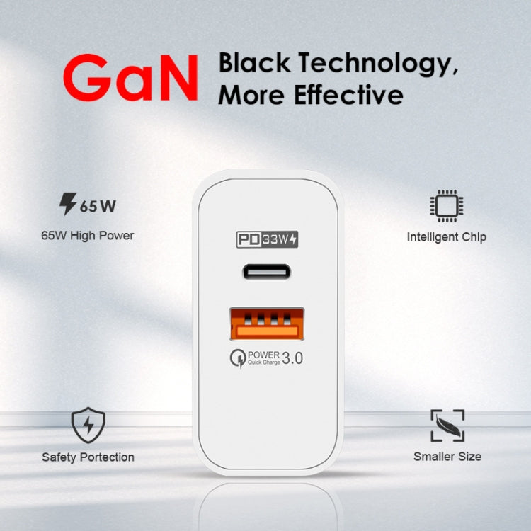 Caricabatterie GaN USB-C/Type-C+USB a doppia porta da 65 W Caricabatterie universale per laptop QC3.0, EU Plug Black, EU Plug White, US Plug Black, US Plug White, UK Plug Black, UK Plug White