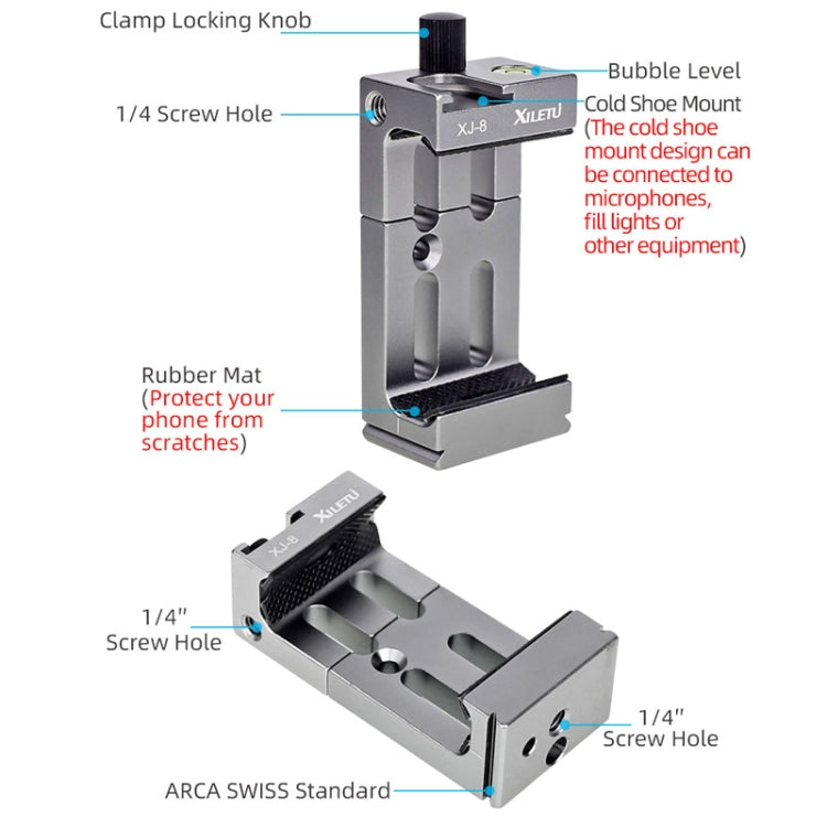 XILETU XJ-8 Clip per telefono cellulare con treppiede per fotocamera in lega di alluminio
